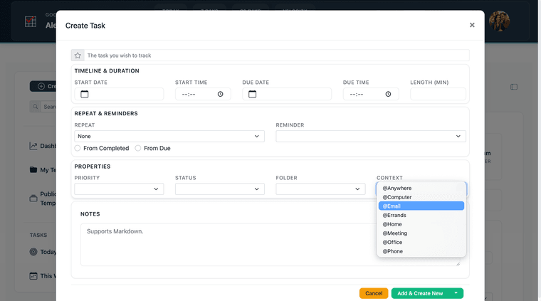 Context picker open during task editing