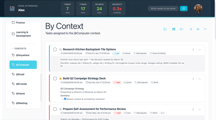 Task list filtered by a single context