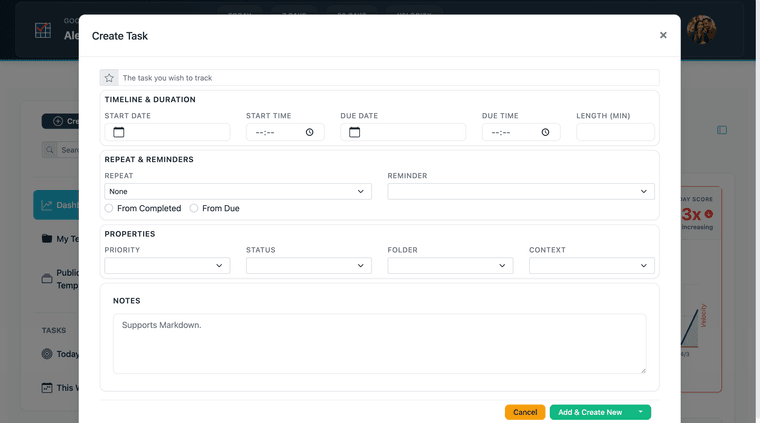 Task creation flow open