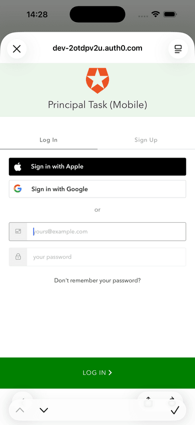 App launched, unauthenticated — sign-in screen visible