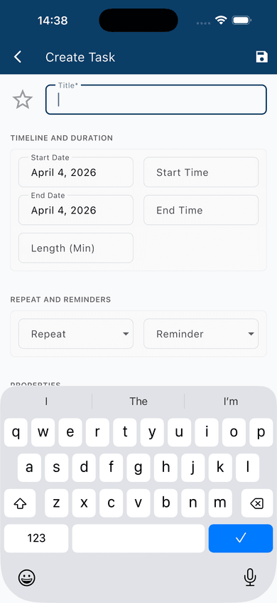 Task creation flow open — title field active, keyboard visible