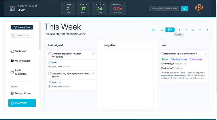 Kanban view active — at least two columns with tasks visible