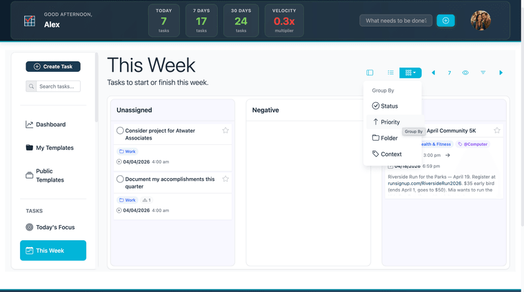 Grouping selector open — all grouping options visible
