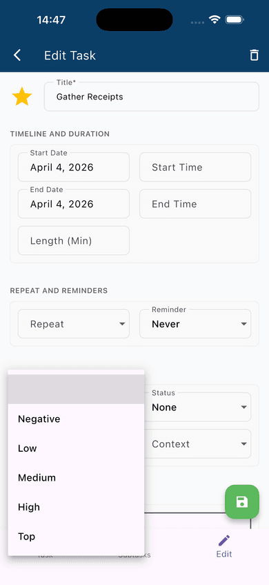 Priority picker open during task editing